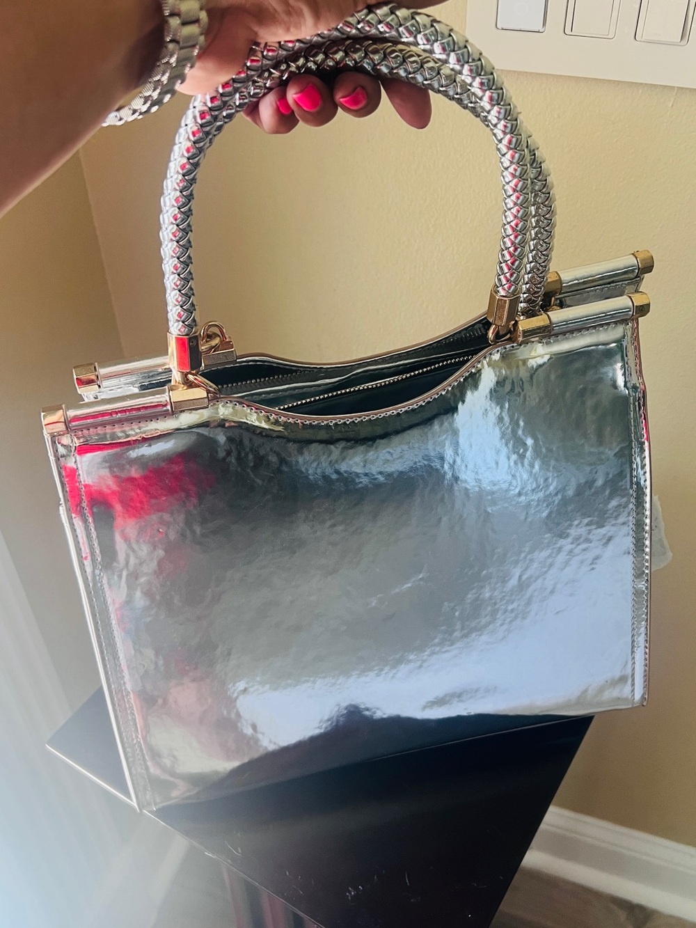 bebe Silver Metallic Braided-Handle Satchel